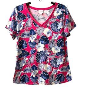 NWOT LuLaRoe Simply Comfortable V-Neck Top Hot Pink and Blue Hawaiian Print